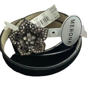 NEW Merona Women Black 100% Suede Rhinestone Flower Buckle 1" Wide Belt Small